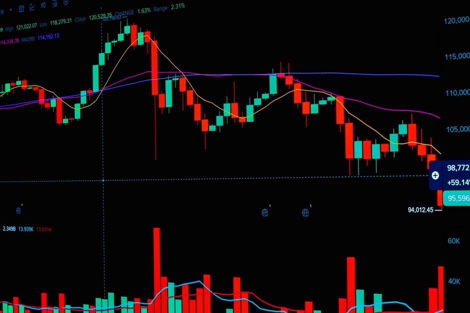 Gráfico detalhado do mercado de ações exibindo velas coloridas e indicadores de dados para análise de negociação de criptomoedas.